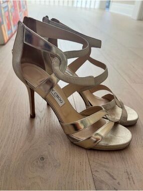 Jimmy Choo Metallic Gold Strappy leather Stiletto Sandals with zipper Women’s
